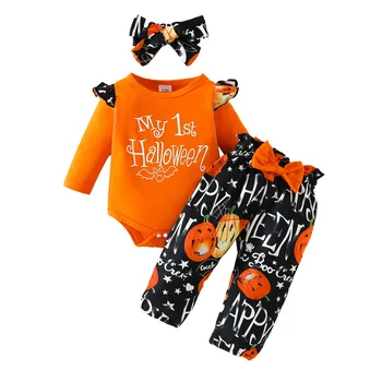 2023 Jeseni Newborn Baby Dekle Oblačila, Ki Moj Prvi Halloween Buče Bodysuit Sežgati Hlače Trakovi Tri Kos Zimske Obleke