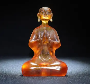 10.5 cm Zbirateljske kitajska oranžno obarvana glaze Izklesan kip bude menih molitev