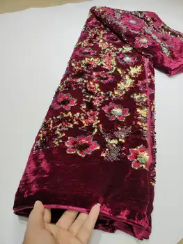2023 Luksuzni Nigerijski Bleščice Žamet Čipke Tkanine Očesa čipke Afriške tkanine, čipke 3D vino rdeče Zlato bleščica ženske poročno obleko