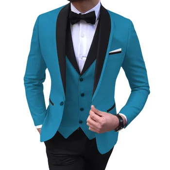 Modra Režejo Mens Ustreza 3 Kos Črno Ruto River Priložnostne Tuxedos za Poroko Groomsmen Obleke, Moške 2023 (blazer+telovnik+hlače)