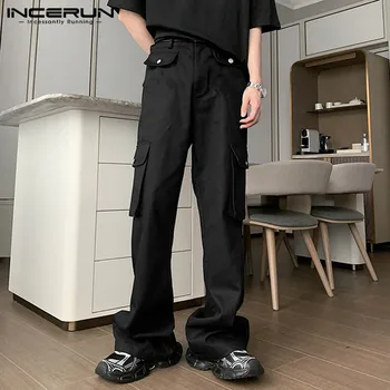 INCERUN Moda za Moške Hlače 2023 Trdna Gumb Žepi Joggers Ulične Hlač Moških Svoboden korejskem Slogu Tovora Hlače S-5XL
