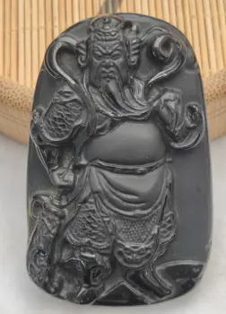 Naravni Črni Obsidian Znak Guan Yu Vklesan Obesek